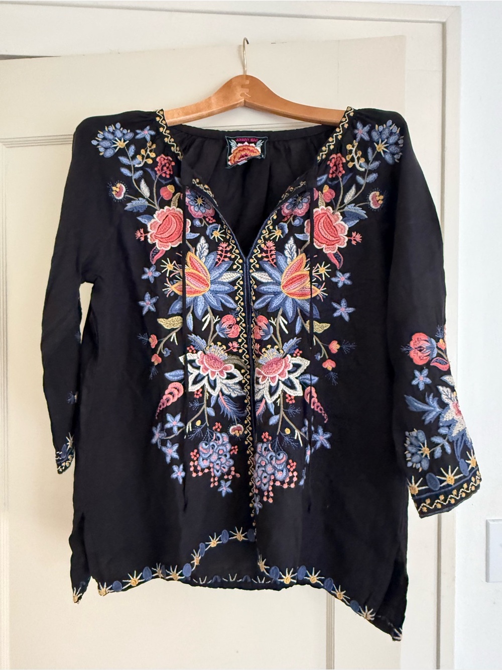 Johnny Was Black Embroidered Floral Tunic with Blue and Pink Accents